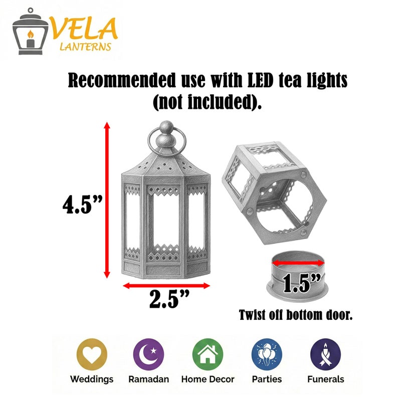 VELA LANTERNS 6pc Mini Small 4.5 Inch Metal Moroccan Lanterns Decorative Candle Tealight Holders for Centerpieces, Ramadan, Home Decor, Weddings, White - Image 4